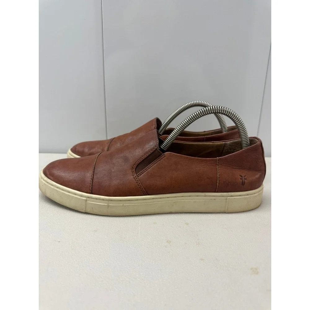 Frye Mens Ludlow Slip On Cognac Brown Leather Cap Toe Sneakers 10M 3482207-COG